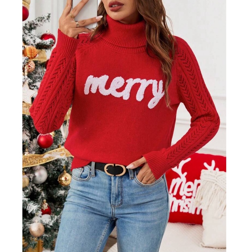 Merry Christmas Themed Knit High Neck Cable Sleeve Red Sweater - Picture 4 of 6
